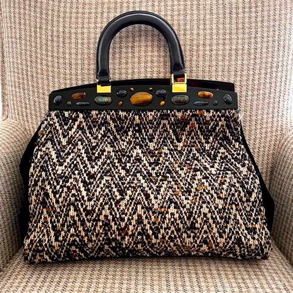 Tory Burch Suede Shearling Fur Embellished Tweed Altersee Chevron Handbag - Picture 2 of 9